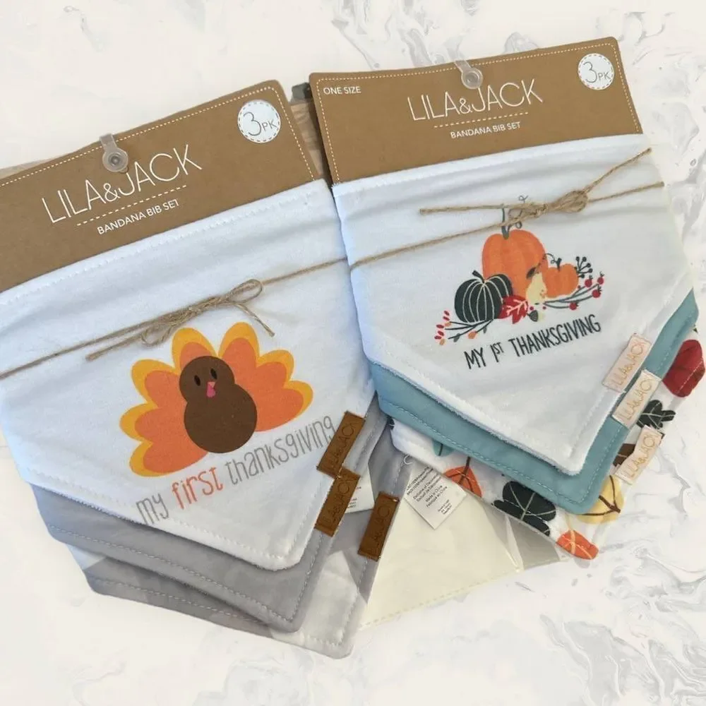 NWT Lila and Jack Bundle : My First Thanksgiving Bandana Bib Set 3 Pieces -2 Set